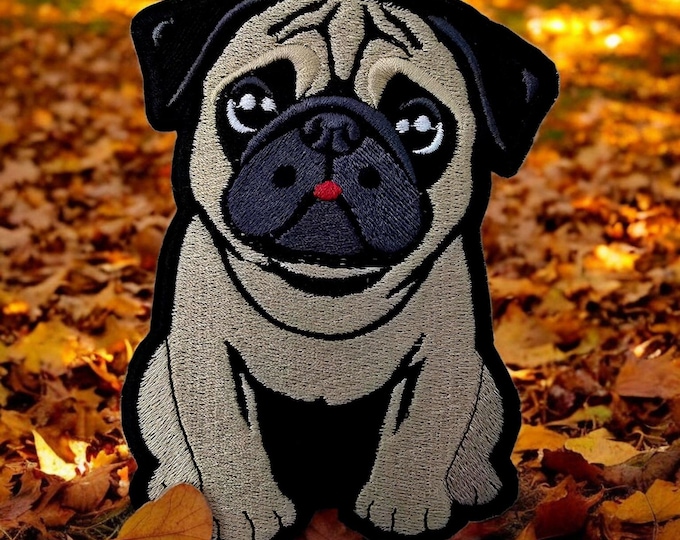 Pug Iron-On Patch: Embroidered Dog Applique (12cm x 8.5cm)