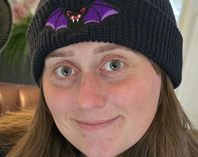 Embroidered Bat Beanie: Halloween Vampire Hat