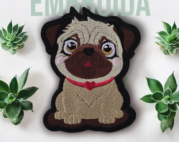 Cute Pug, Iron on Embroidered Patch with Red Heart Collar - Pug Lovers - Dog Lovers Embellishment - Repair Patch - Permanent Iron on Patch