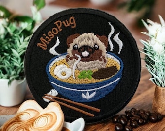 Miso Pug Embroidered Patch – Quirky Iron-On Patch for Dog Lovers & Sushi Fans - 9cm x 9cm - Bags, Jackets, Hats, Repairs to Garments
