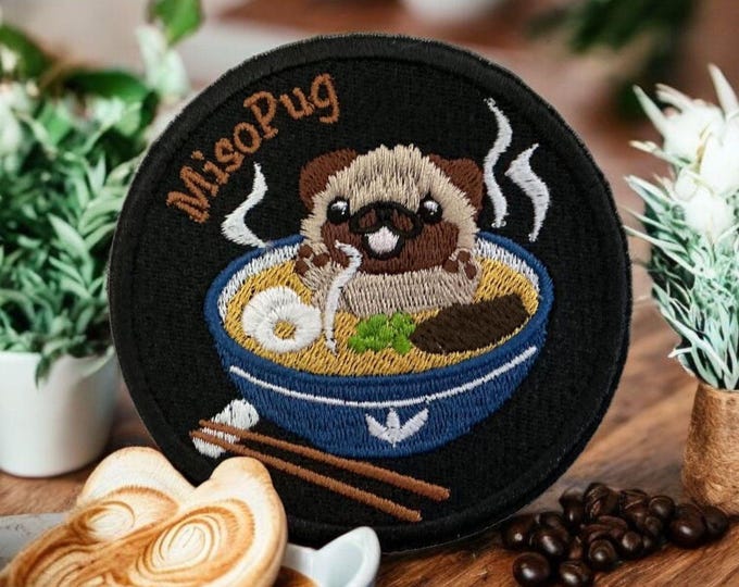 Miso Pug Embroidered Patch – Quirky Iron-On Patch for Dog Lovers & Sushi Fans - 9cm x 9cm - Bags, Jackets, Hats, Repairs to Garments
