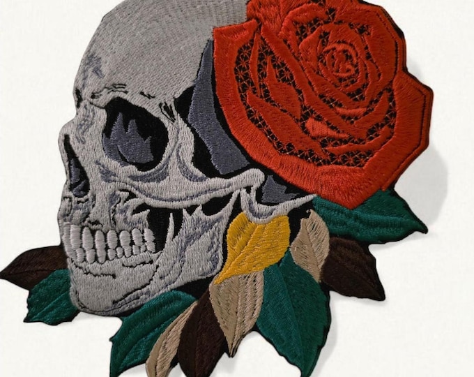 Embroidered Skull & Rose Patch: Gothic / Halloween Iron-On or Sew-on Appliqué (14cm x 15cm)