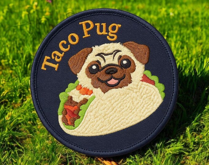 Taco Pug Embroidered Patch – Iron-On Dog Patch – Cute & Funny Pug in Taco Costume for Jackets, Bags, Gifts, Repairs