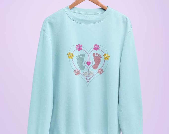Embroidered Sweatshirt for Baby & Dog Lovers, Cute Design, Animal Lover Gift, Baby and Puppy Feet Theme, Unique Jumper