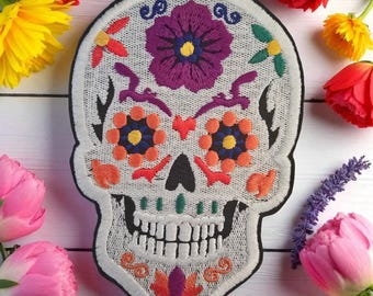Embroidered Candy Skull Iron-On Patch: Calavera Applique (10cm x 15cm)