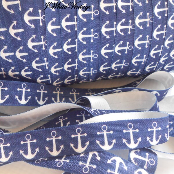 Anchors on navy  Fold Over Elastic - Printed FOE - 5/8 Fold Over Elastic -Headband elastic, satin elastic, wholesale elastic