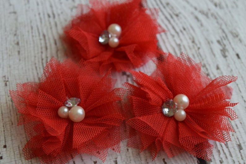 3 pcs ivory 2.5/" tulle folded flowers w// rhinestones /& pearls DIY headband
