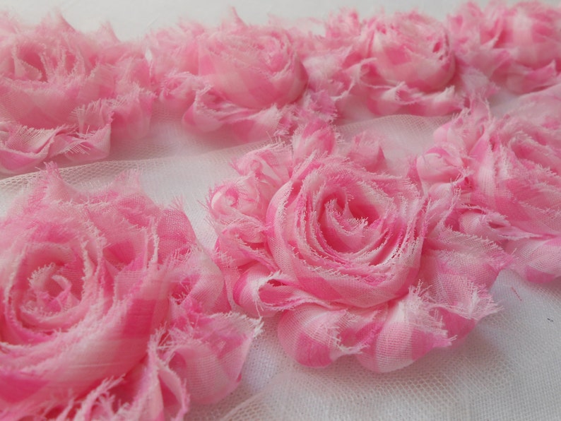 1//2 yard White w// red polka dot print 2.5/" shabby chiffon rose trim