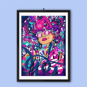 Impressão de arte de cartão postal futuro, impressão giclée psicodélica, arte desenhada à mão, arte digital, estilo alternativo, presente de namorado, presente de namorada