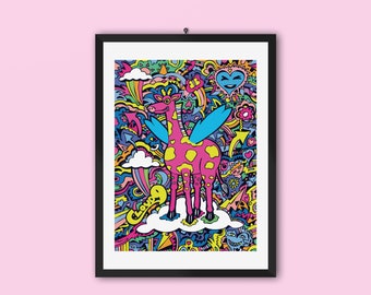 Giraffe Art Print, Cute Animal Art Print, Wall Art Print, Psychedelic Art Deco, Art For Kids, Funny Art Print, Gift For Boys, Gift For Girls