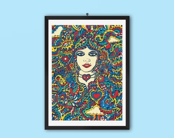 Cleopatra Art Print, Egyptian Legend, Psychedelic Giclee Print, Hand Drawn Artwork, Digital Art, Alternative Style, Girlfriend Gift