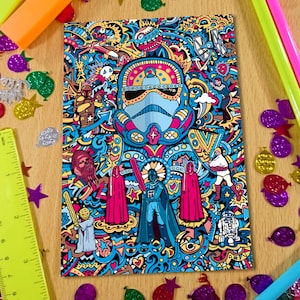 May include: A colorful, psychedelic illustration of Star Wars characters, including Darth Vader, Stormtroopers, and Yoda, set against a background of swirling patterns and stars.