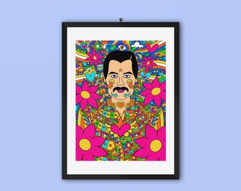 Freddie Mercury Art Print, Queen Psychedelic Giclee Print, Rock Music, Hand Drawn Artwork, Rock and Roll, Boyfriend Gift, Girlfriend Gift