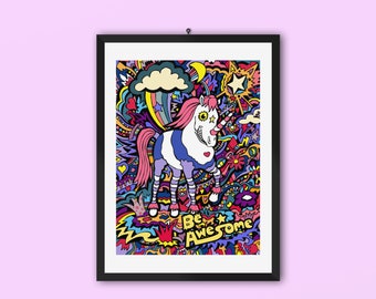 Unicorn Art Print, Animal Art, Wall Art, Nursery Art, Art For Kids, Funny Art Print, Cute Art, Colorful Art, Childrens Art, Psychedelic