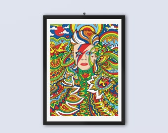 David Bowie Art Print, Ziggy Stardust, Psychedelic Giclée Art Print, Boyfriend Gift, Girlfriend Gift, Husband Gift, Music Art Print, 70s Art