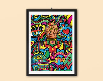 Disco Droids Art Print, Star Wars Art Print, Psychedelic Giclee Print, Sci-Fi Art, Hand Drawn Artwork, Digital Art Print, Alternative Style