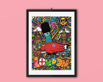 London Pigeon Art Print, Psychedelic Bird Print, London City, Hand Drawn Artwork, Cute Animal Print, Girlfriend Gift, Wife Gift, Son Gift