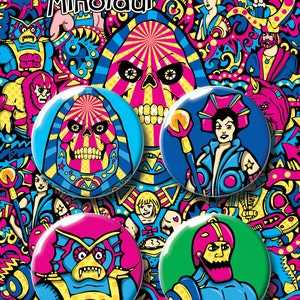 Skeletor-badgepakket. Hij-Man. MOTU. Meesters van het universum. Pin-badge. Pin. Pinnen. Kenteken. Insignes. Knop-badge. Vriendje cadeau. Cadeau voor kinderen.