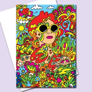 Carte de voeux Perséphone, carte d'anniversaire, carte psychédélique, carte des années 60, art rétro, carte pour elle, carte de petite amie, carte de femme, carte de hippie.