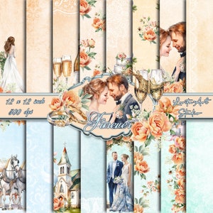 Wedding digital papers, Peony flowers, Printable, Scrapbooking papers, Decoupage digital paper
