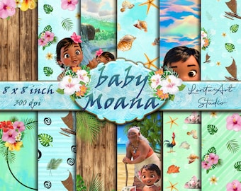 May include: A set of eight 8x8 inch digital papers featuring a baby Moana theme. The papers include images of Moana, Maui, Pua the pig, Hei Hei the rooster, flowers, seashells, and other tropical elements. The papers are perfect for scrapbooking, card making, and other crafting projects.