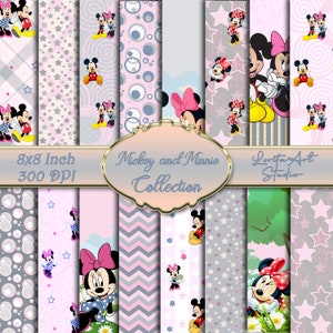 Mickey und Minnie digitale Kinderkollektion, hellgrau & pastellrosa, Kinder zum ausdrucken, Scrapbooking, Decoupage digitales Papier