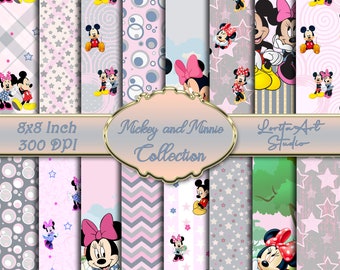 Mickey and Minnie digital kids collection, light grey & pastel pink, Kids printable, Scrapbooking, Decoupage digital paper