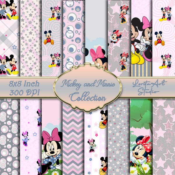 Colección digital infantil Mickey y Minnie, gris claro y rosa pastel, Imprimible para niños, Scrapbooking, Papel digital Decoupage