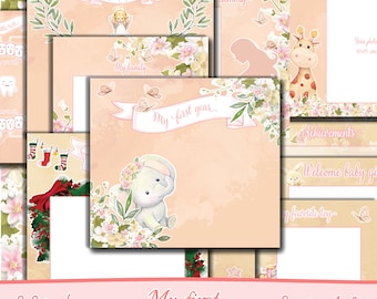 Baby girl diary, first year, baby journal and memory book, baby digital paper, printable,  Scrapbooking