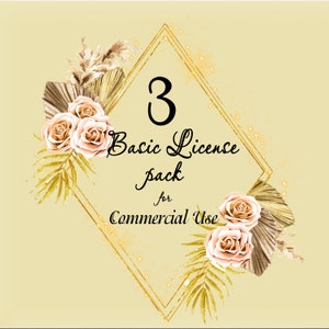 Könnte beinhalten: Ein goldener Diamantrahmen mit der Nummer 3 und dem Text "Basic License pack for Commercial Use", umgeben von einem Aquarell-Blumenarrangement aus beige und braunen Blättern und rosa Rosen.