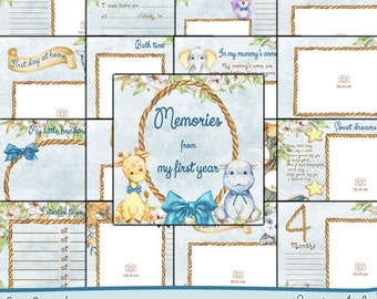 May include: A blue and white baby memory book with a rope border and illustrations of a giraffe, a hippopotamus, and a blue bow. The book has pages for recording memories from the baby's first year, including their first day at home, bath time, and sweet dreams. The book is 8 inches by 8 inches and 300 dpi.
