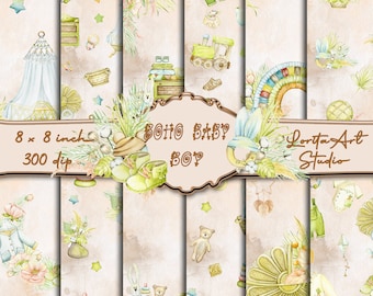 Boho baby jongen, baby jongen digitale papieren pack, baby jongen collectie, Afdrukbaar, Baby Shower, Scrapbooking, Decoupage digitaal papier
