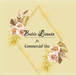 Könnte beinhalten: Ein goldener Diamantrahmen mit dem Text "Basic License for Commercial Use", umgeben von Aquarellblumen und Blättern in Braun-, Gold- und Rosatönen.