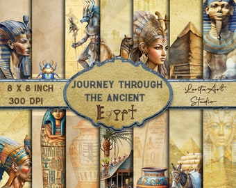 May include: Digital collage sheet with an Egyptian theme. The sheet includes images of pharaohs, scarabs, hieroglyphics, and other Egyptian symbols. The sheet is 8 inches by 8 inches and 300 DPI. The text "Journey Through The Ancient Egypt" is included on the sheet.