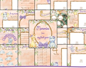 First year baby girl journal and memory book, Baby girl diary, Baby digital paper, printable,  Scrapbooking