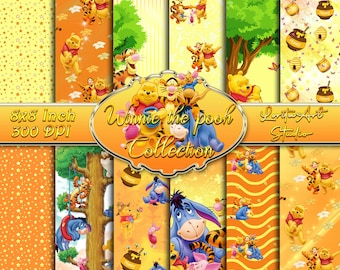 Winnie the pooh digital kids collection, orange & yellow paper pack, Kids printable, Scrapbooking, Decoupage digital paper