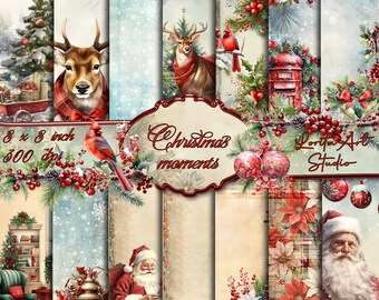 Puede incluir: Un conjunto de ocho diseños de papel digital de 8x8 pulgadas con temática navideña. Los papeles incluyen imágenes de un ciervo, un cardenal, un Papá Noel, un árbol de Navidad, un buzón y adornos. Los papeles son perfectos para scrapbooking, creación de tarjetas y otros proyectos de manualidades.