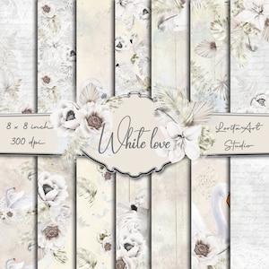 Amor blanco, colección floral tierna y elegante, rosas, flor de anémona, cisnes, Tendencia boda, Imprimible, Papel digital Scrapbooking