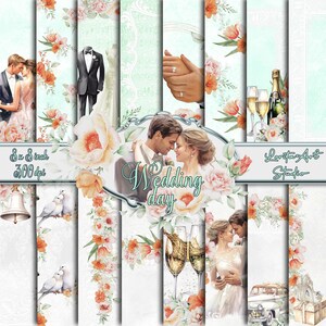 Papeles digitales del día de la boda, flores de primavera, Imprimibles, Papeles de Scrapbooking, Papel digital Decoupage