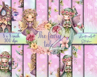 May include: A set of 8 digital paper designs featuring fairies, flowers, and whimsical houses. The papers are 8x8 inches and 300 dpi. The text "The fairy tale 2" is included in the design.