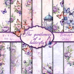 De zachtheid van een vlinder, bloemen en vlinders digitale papieren, afdrukbaar, scrapbookingpapier, decoupage digitaal papier