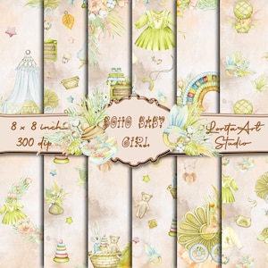 Boho Baby Mädchen, Baby Mädchen Digitales Papier Pack, Baby Mädchen Sammlung, Druckbar, Baby Shower, Scrapbooking, Decoupage digitales Papier