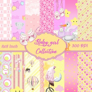 Baby girl digital paper pack,pink and yellow baby collection, Baby printable, Baby Shower, Scrapbooking, Decoupage digital paper