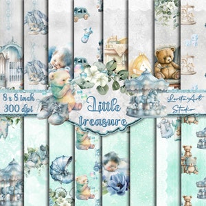 Kleine schat, baby jongen digitale papier pack, pasgeboren jongen collectie, afdrukbare, babydouche, scrapbooking, decoupage digitale papier