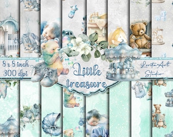 Kleine schat, baby jongen digitale papier pack, pasgeboren jongen collectie, afdrukbare, babydouche, scrapbooking, decoupage digitale papier