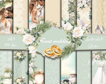 May include: A set of 8 digital papers featuring a forest wedding theme. The papers include images of white roses, greenery, wedding rings, a vintage car, and a couple in wedding attire. The papers are perfect for creating invitations, cards, scrapbook pages, and other wedding-themed projects.