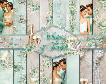 Whispers of Forever- wedding digital papers, mint flowers, Printable, Scrapbooking papers, Decoupage digital paper