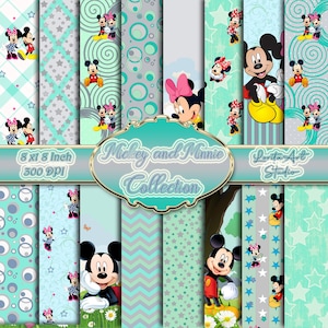 Collezione digitale per bambini Mickey e Minnie, grigio chiaro e rosa pastello, Stampabile per bambini, Scrapbooking, Carta digitale Decoupage
