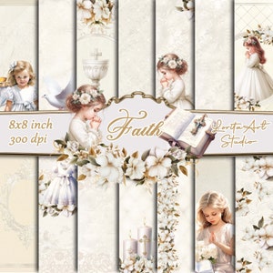 Colección digital "Fe", Primera comunión niña, Bautizo niña, Paquete de papel digital, Santo Bautismo, Imprimible, Papel digital de Scrapbooking