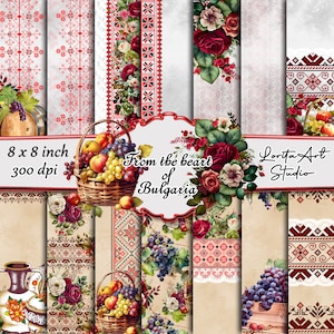 From the heart of Bulgaria,Bulgarian scrapbook, Ethno Digital Paper,Red Roses, Traditional Bulgarian Embroidery,  Printable